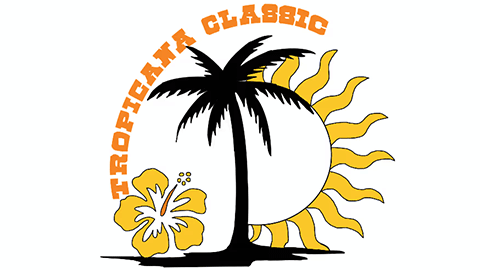 The logo for the Tropicana Classic event that is a full black palm tree standing in front of a clip-art sun and yellow flower. 