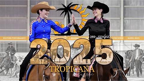 Tropicana Classic 2025 - Two women are riding horses side by side and high-fiving each other.