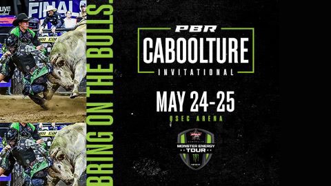 Image text PBR Caboolture Invitational May 24-25, QSEC Arena, with repeated photo of a bull rider getting thrown and the Monster Energy Tour logo